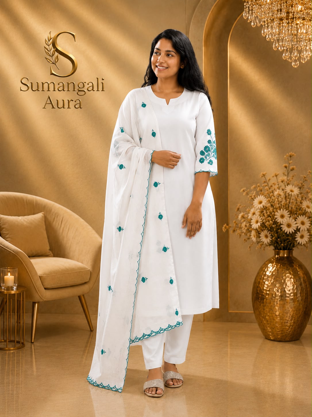 Elegant White Embroidered Churidhar Set