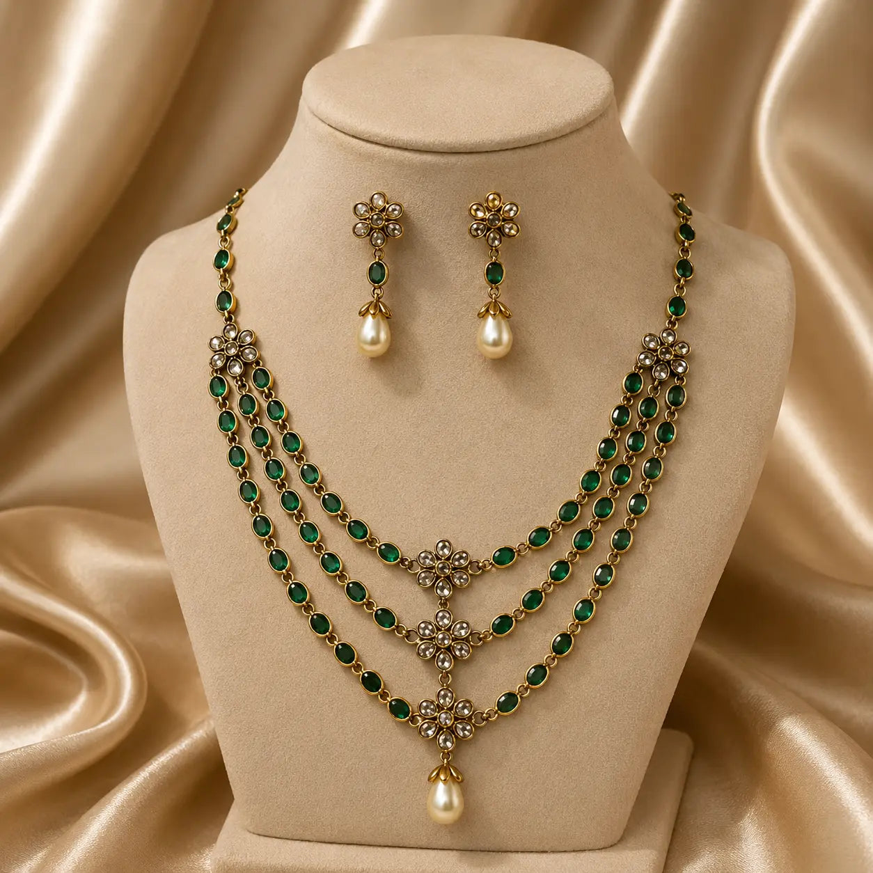 3 Layered Emerald Kundan Necklace Set