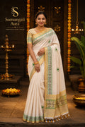Premium Kerala Handloom Green Kattam Kasavu Saree
