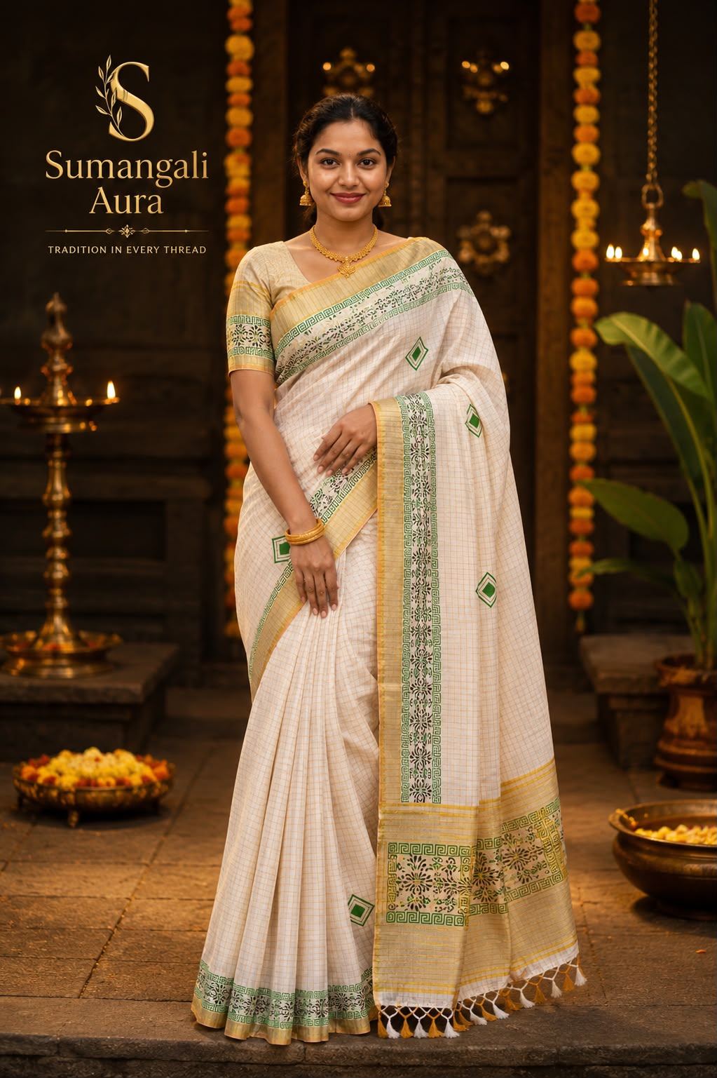 Premium Kerala Handloom Green Kattam Kasavu Saree