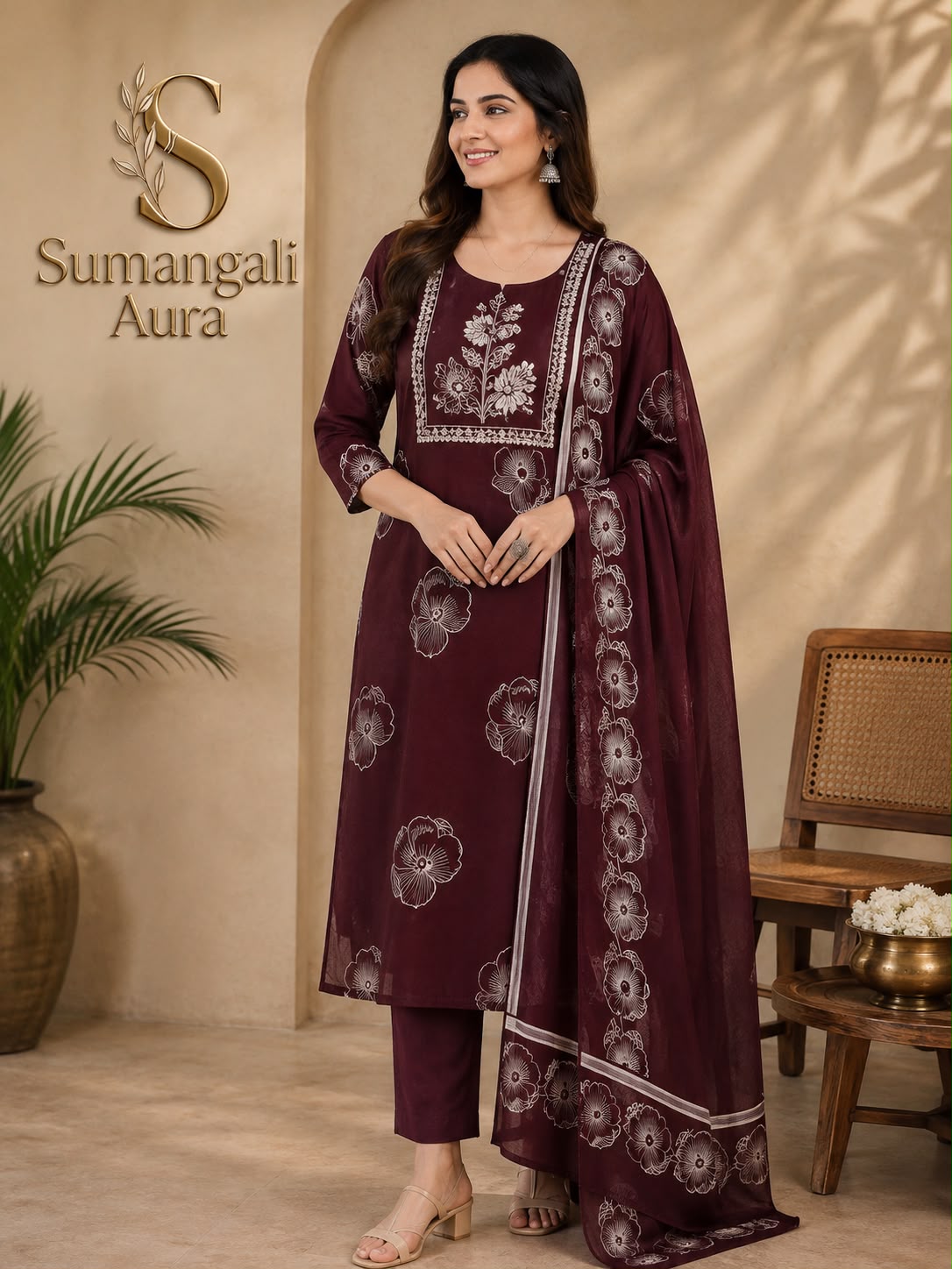 Maroon Floral Embroidered Cotton Churidar Set