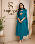 Teal Embroidered Cotton Churidhar Set