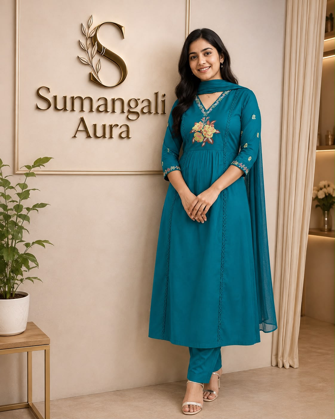 Teal Embroidered Cotton Churidhar Set