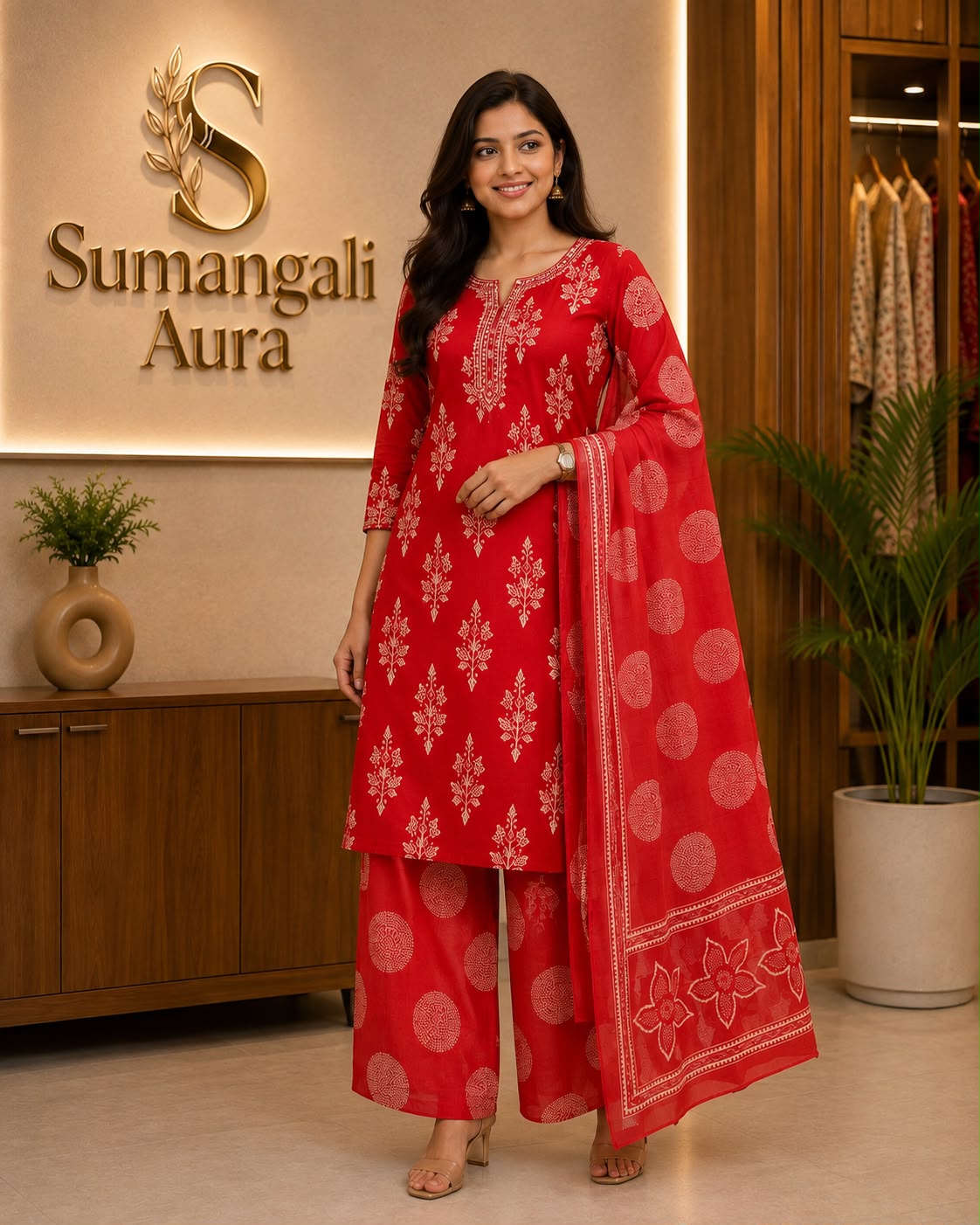 Reddish Pink Printed Cotton Churidar Set
