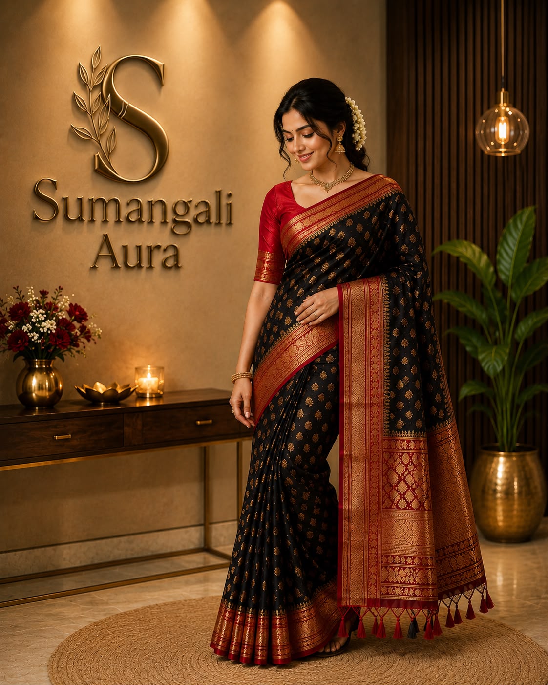 Black & Red Bhutta Silk Saree