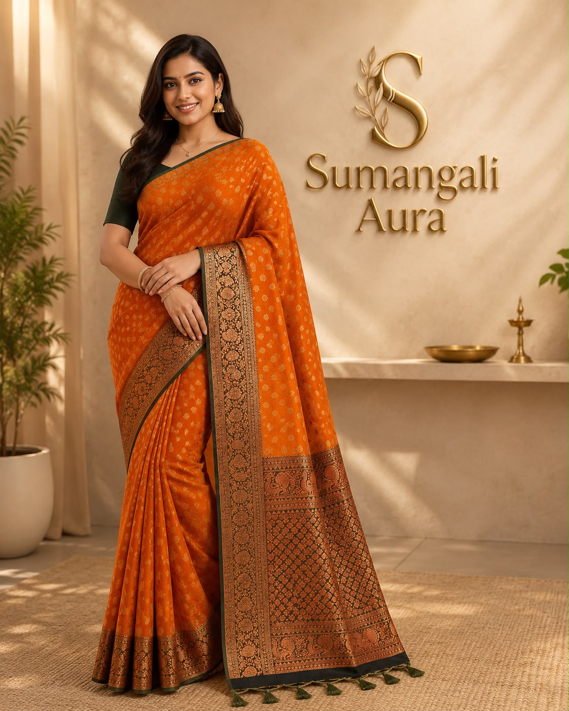 Orange Bhutta Saree with Rich Woven Border