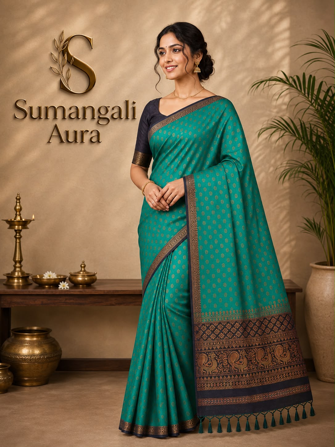 Teal Green Bhutta Saree with Traditional Woven Border