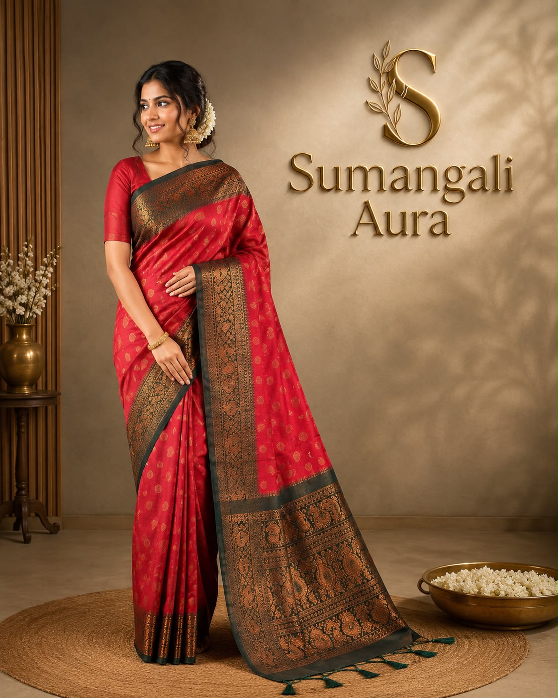 Elegant Red Bhutta Saree with Rich Woven Border