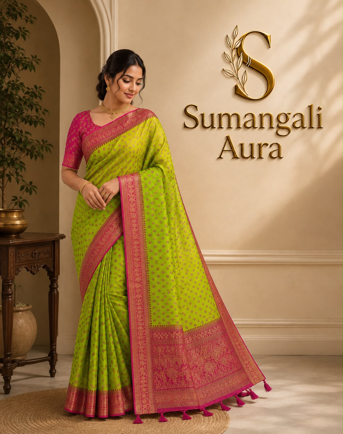 Lime Green Bhutta Saree with Pink Zari Border
