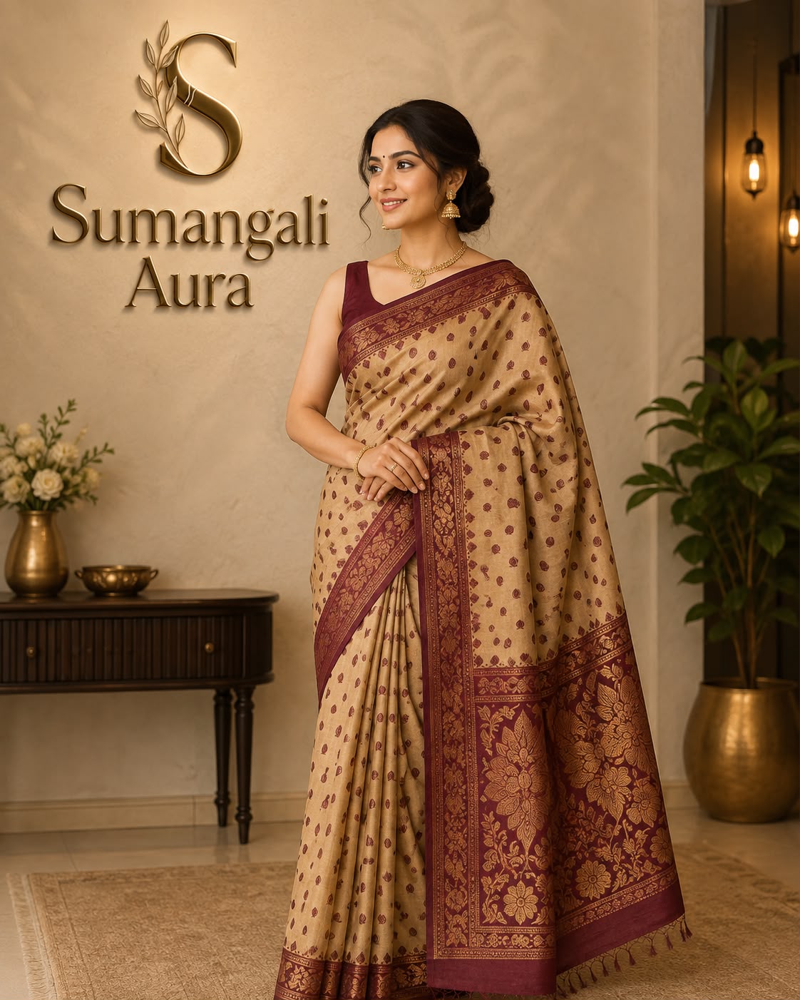 Elegant Beige Gold with Maroon Border Bhutta Saree