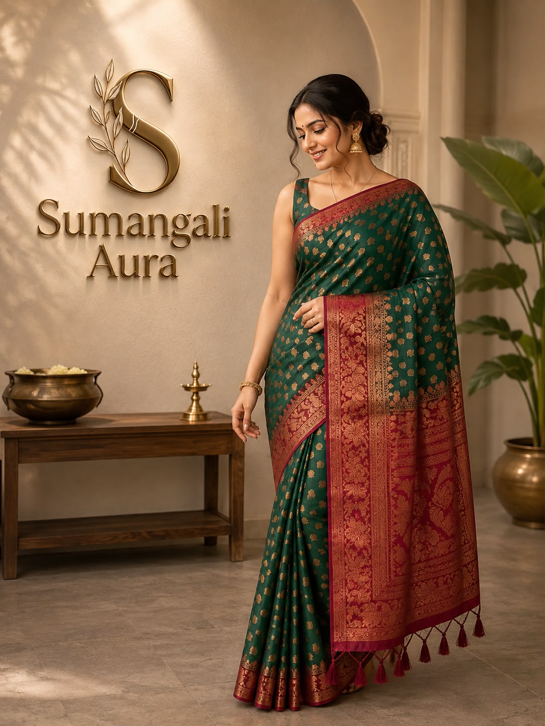 Elegant Emerald Green Bhutta Saree with Rich Maroon Zari Border