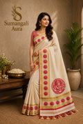 Cream & Red Kattam Kasavu Saree with Golden Kasavu Border