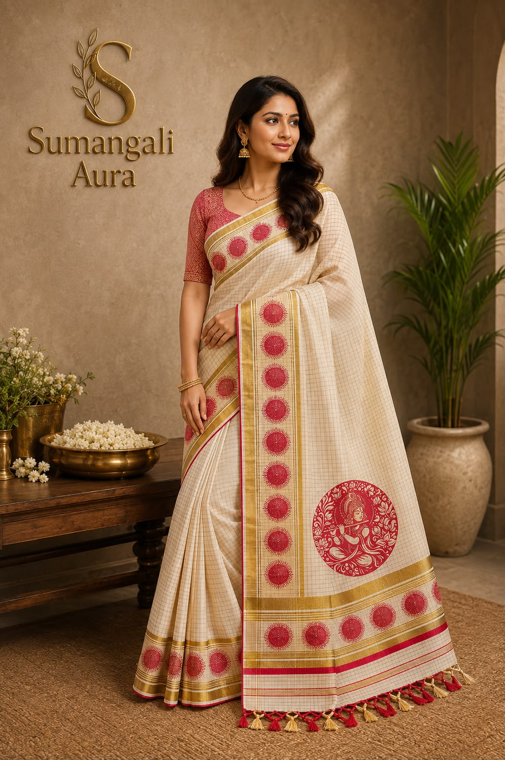 Cream & Red Kattam Kasavu Saree with Golden Kasavu Border