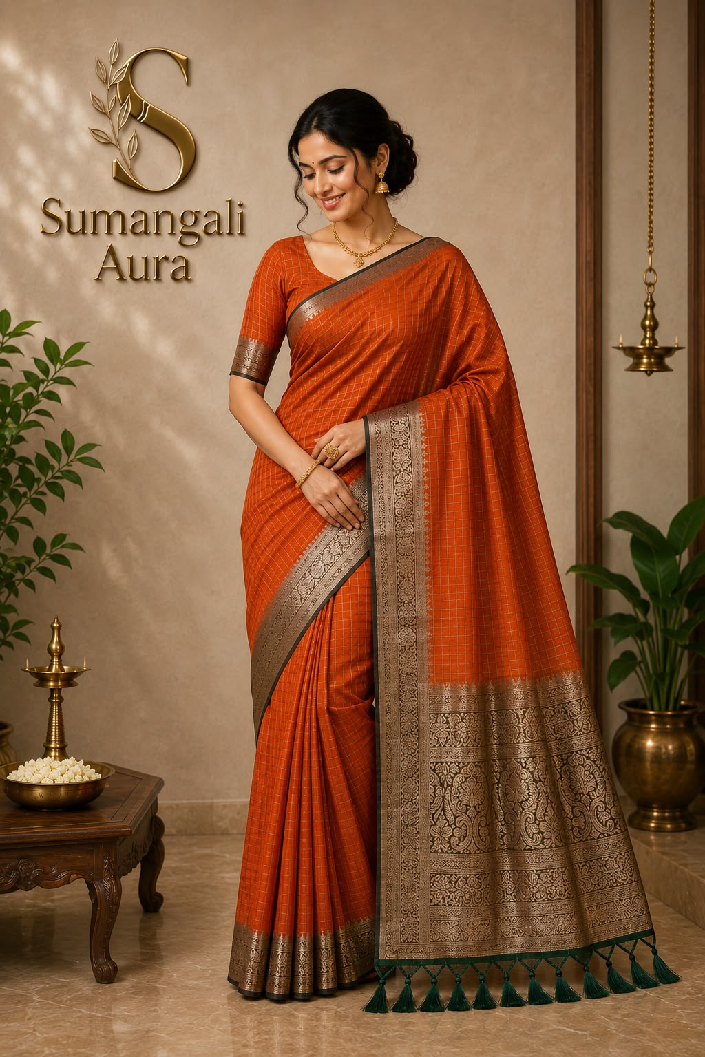 Elegant Orange Kattam Kasavu Saree