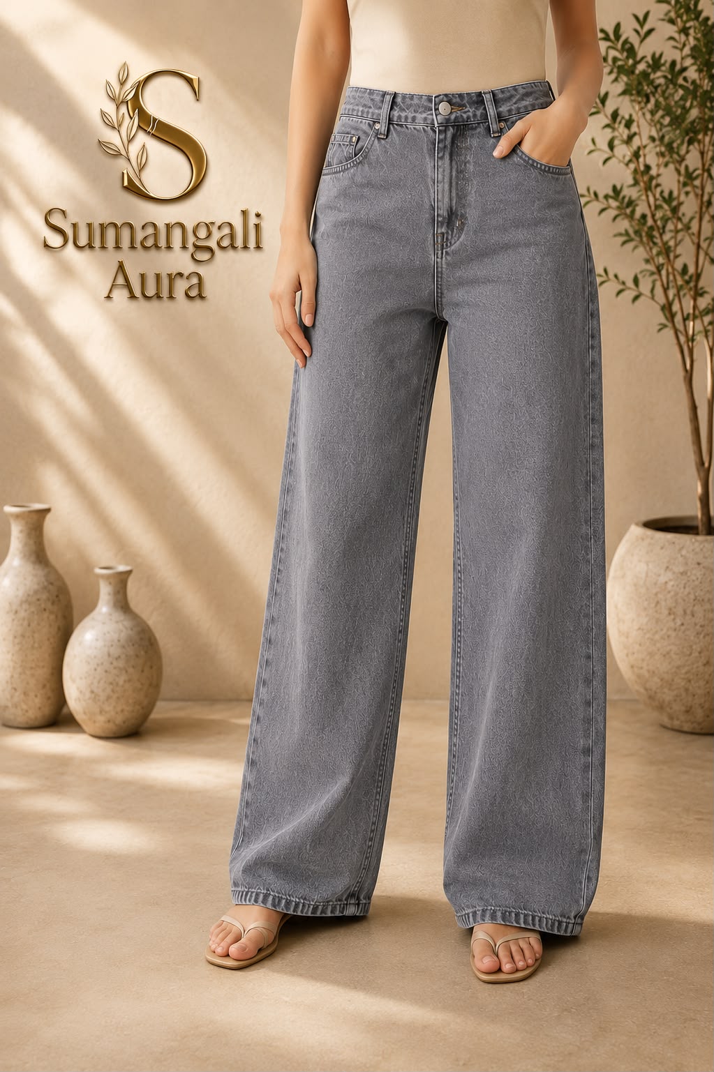 Ladies Grey Wide-Leg Jeans
