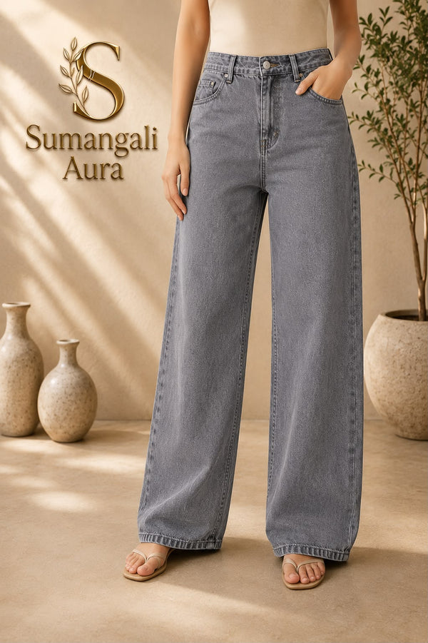 Ladies Grey Wide-Leg Jeans