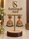 Traditional Jhumka Earrings – Gold, Ruby & Emerald Green