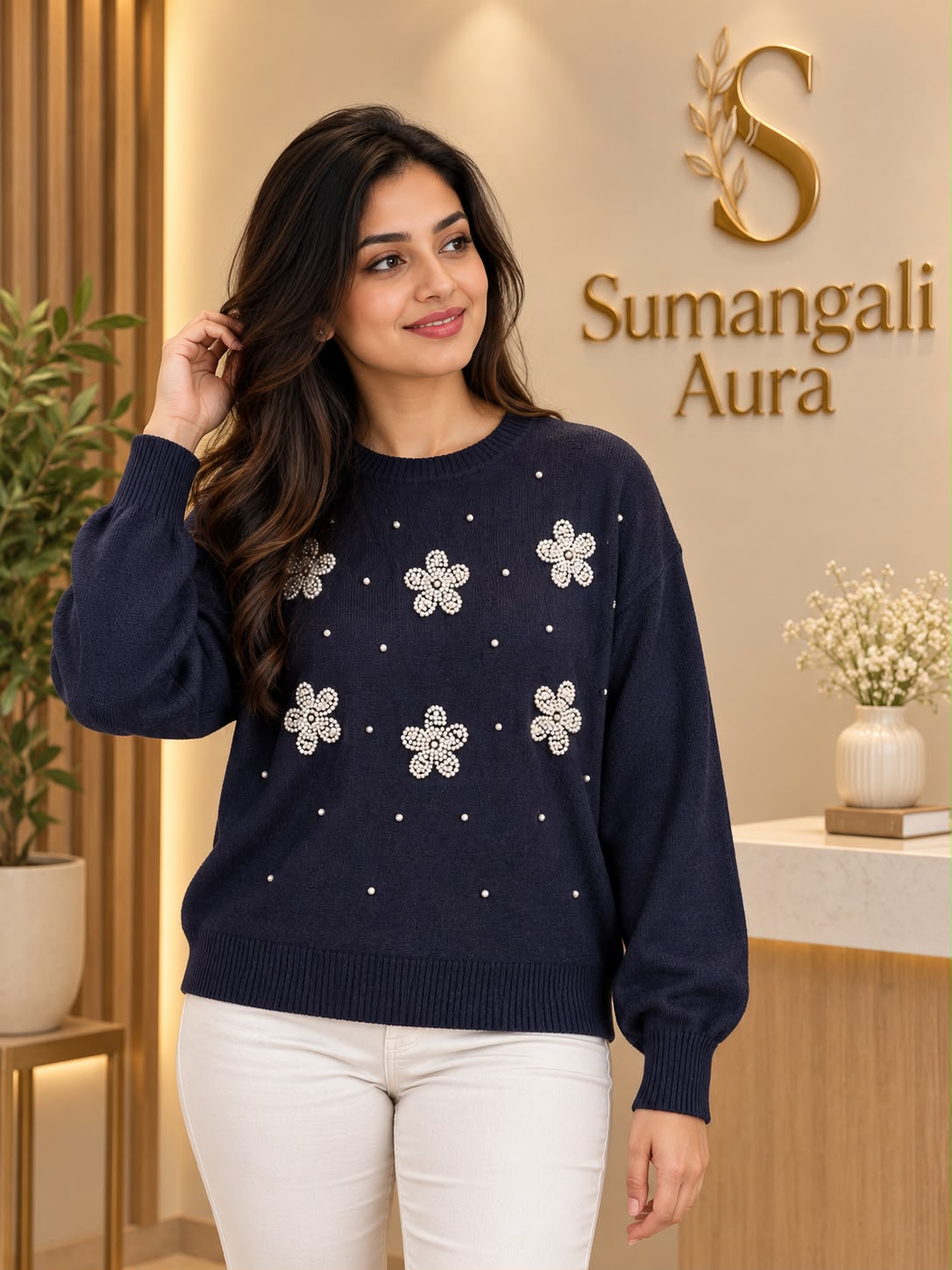 Navy Blue Pearl Floral Knit Top