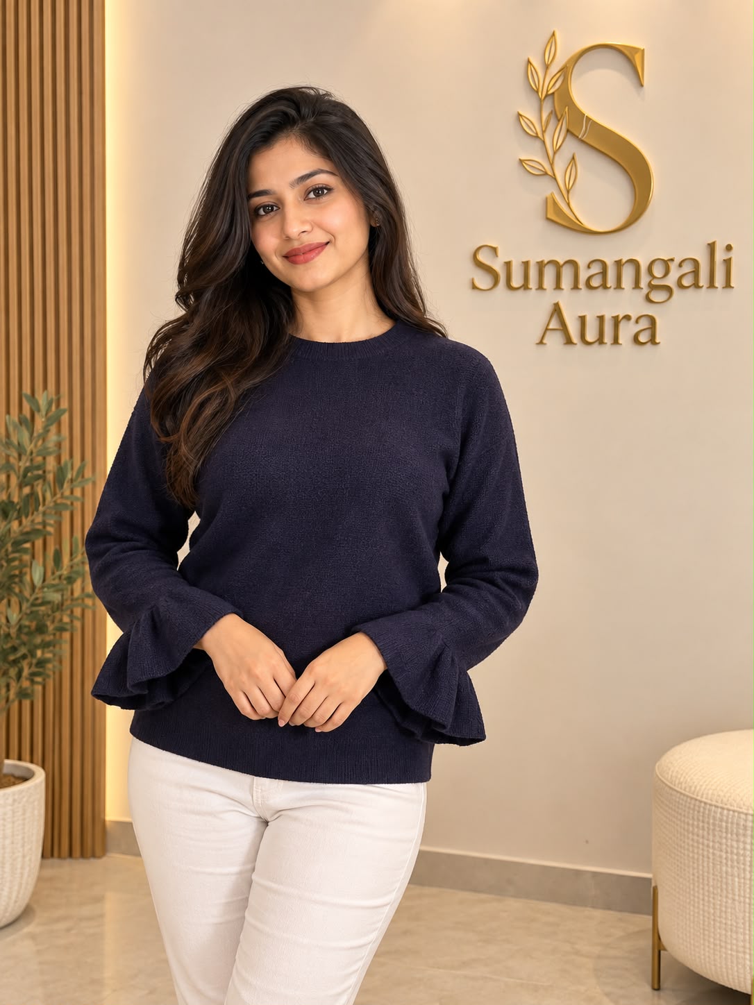Navy Blue Flared-Sleeve Knit Top