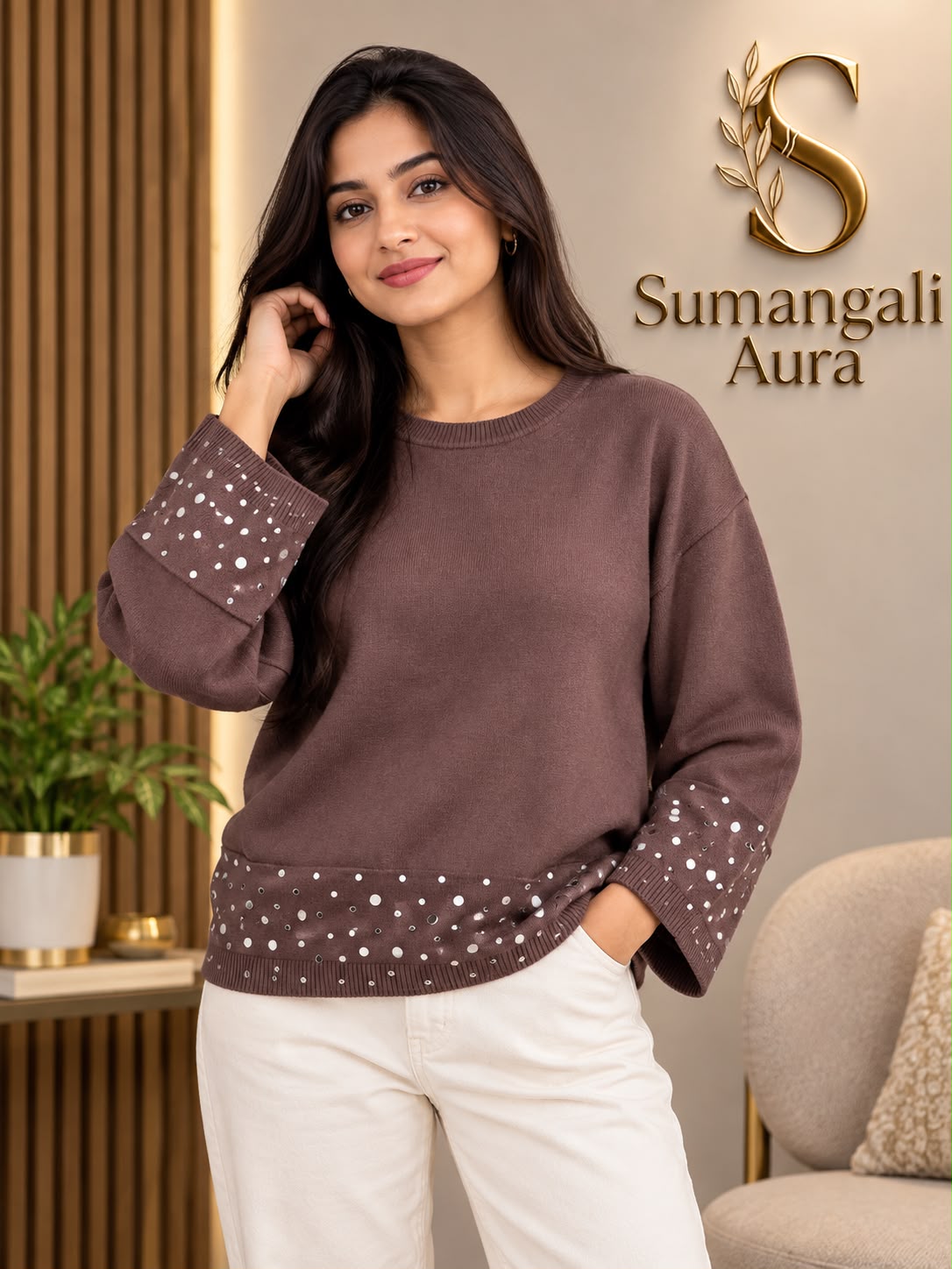 Elegant Brown Embellished Knit Top