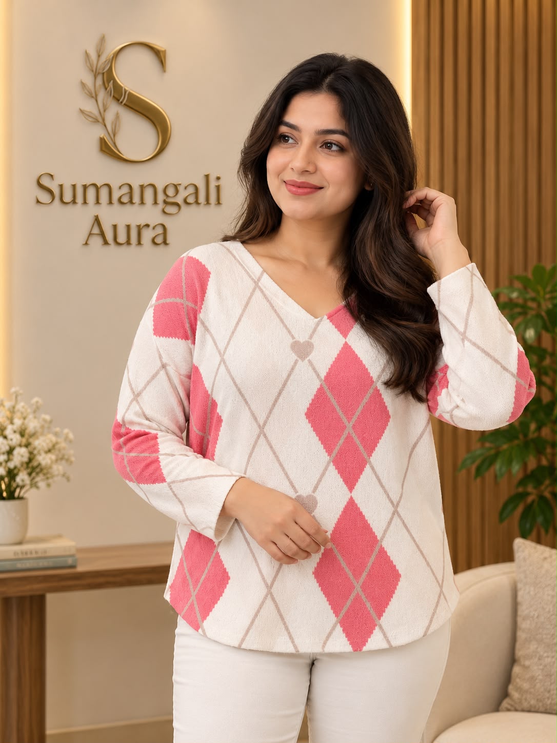 Pink & Cream Argyle Heart Top