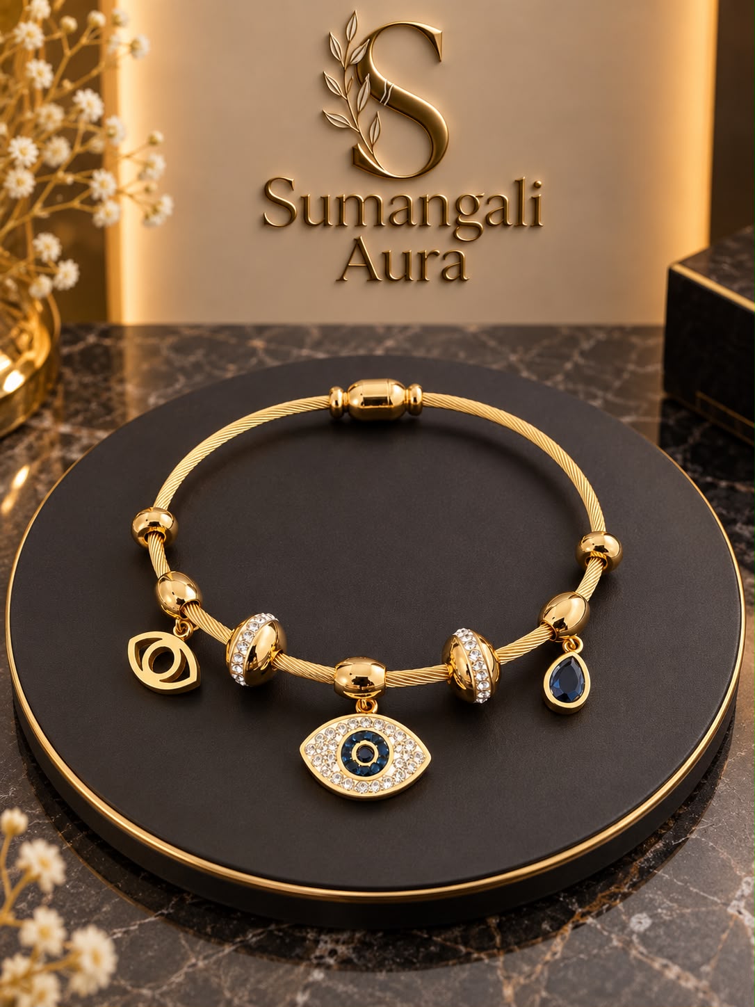Elegant Evil Eye Charm Bangle – Gold & Blue ✨