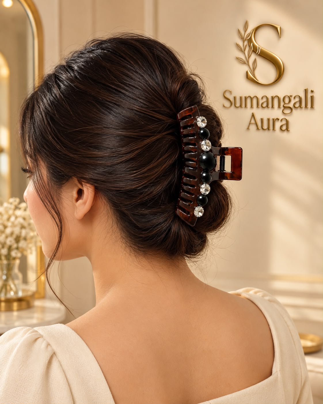 Dark Brown Crystal & Black Bead Hair Claw Clip