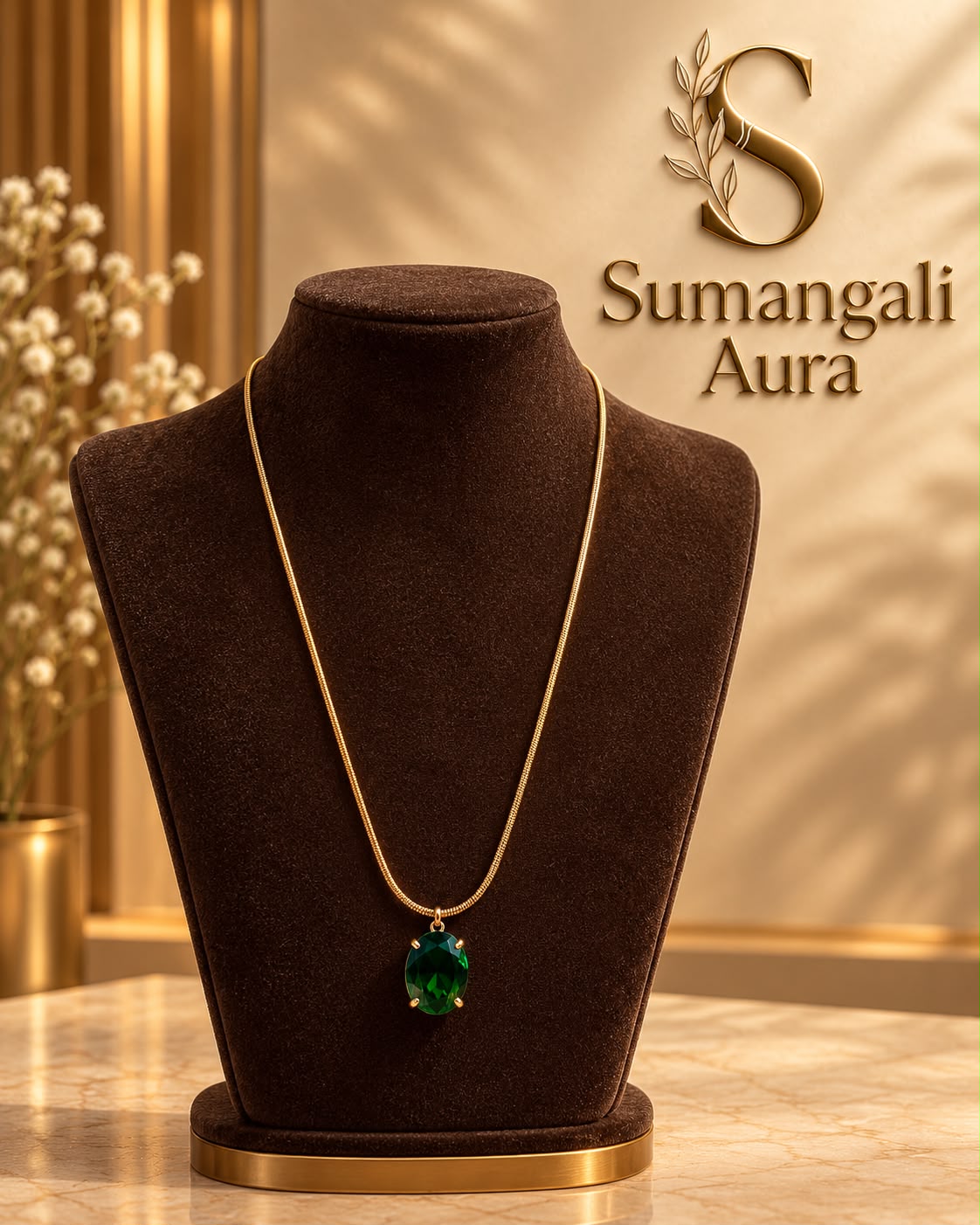 Gold-Tone Chain with Emerald Green Pendant