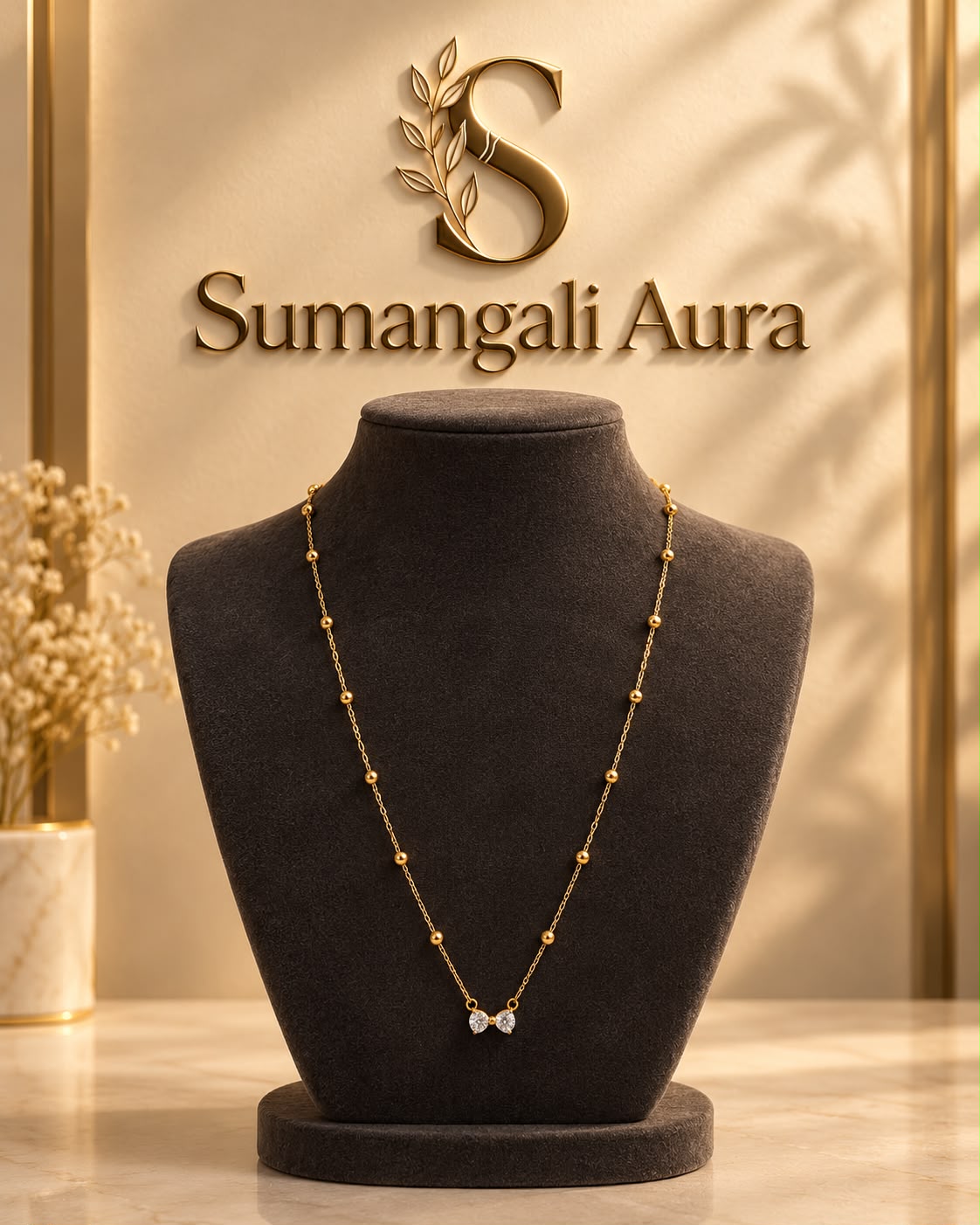 Gold-Tone Beaded Chain with Crystal Bow Charm