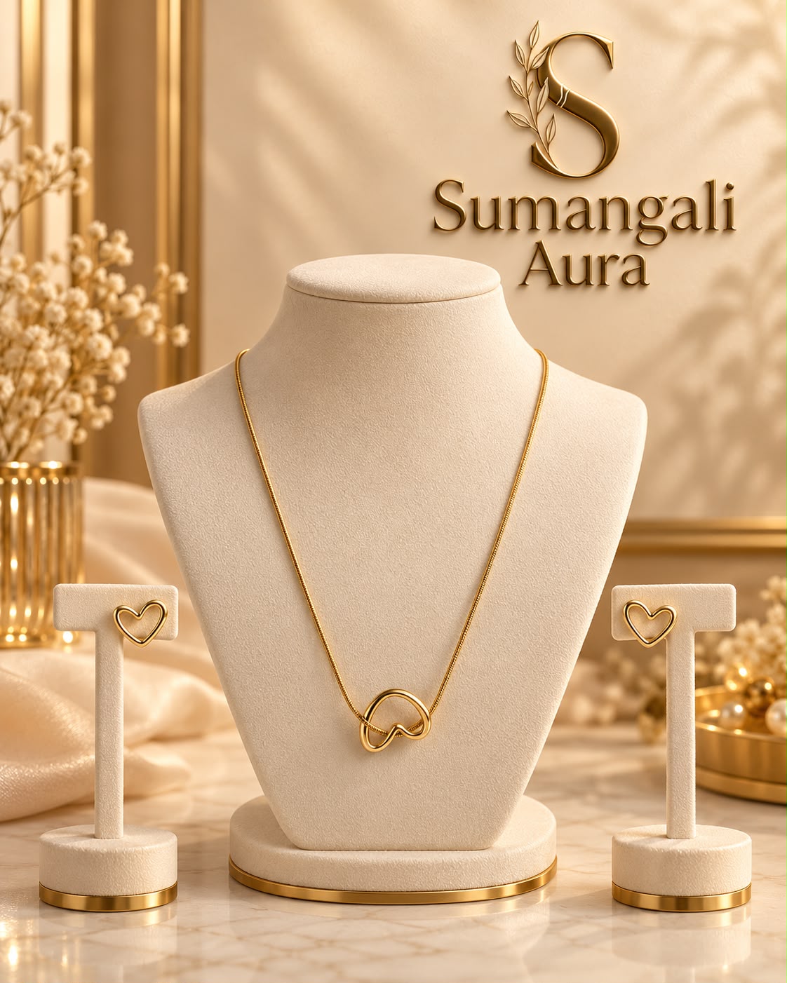 Gold-Tone Heart Necklace and Earrings Set