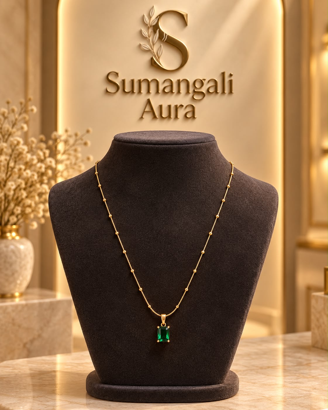 Gold-Tone Chain with Emerald Green Pendant