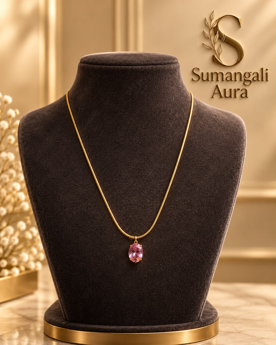 Pink Gemstone Pendant Chain – Gold Tone
