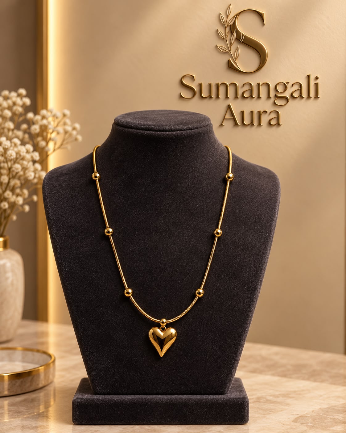 Gold-Tone Beaded Heart Pendant Necklace