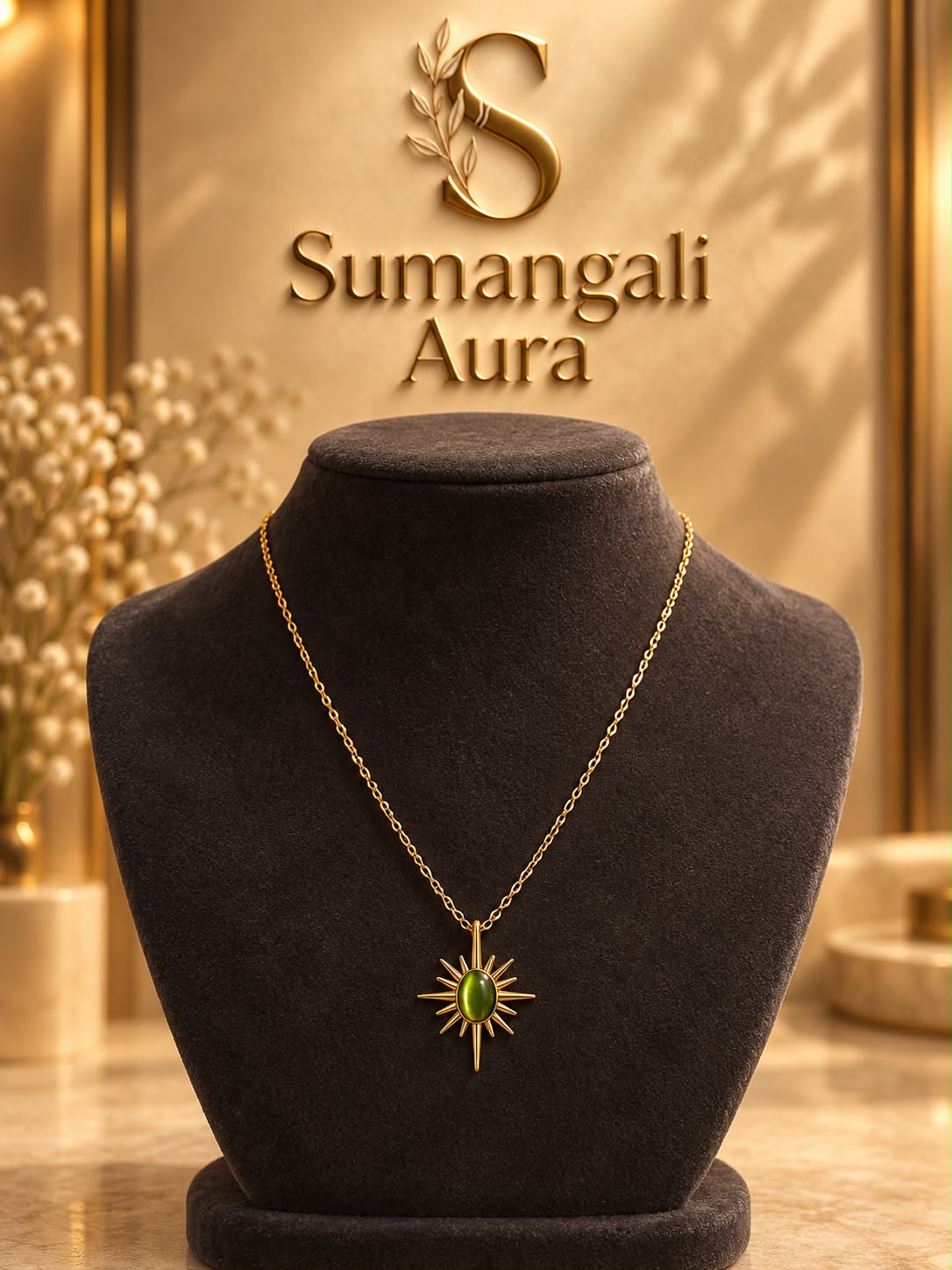 Gold-Tone Sunburst Necklace with Green Pendant