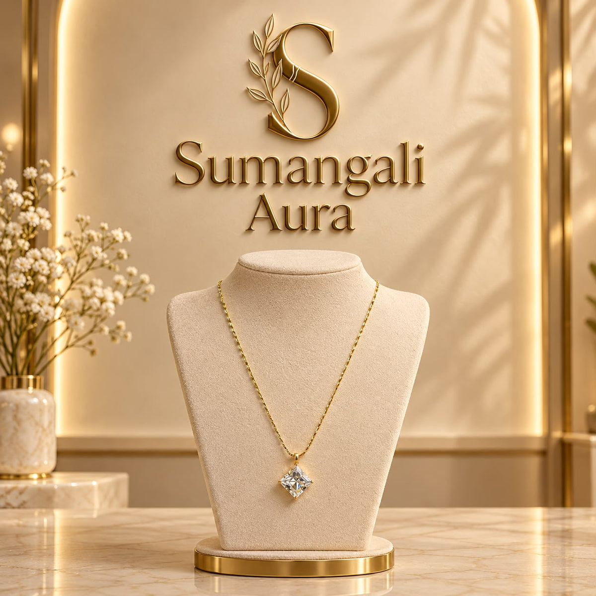 Gold-Tone Square Crystal Pendant Necklace
