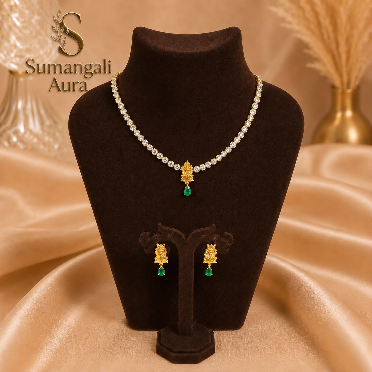 Lakshmi Pendant Emerald AD Necklace Set