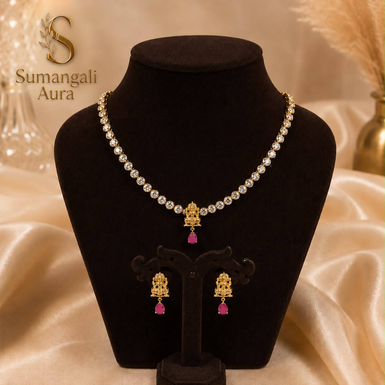 Lakshmi Pendant Ruby AD Necklace Set