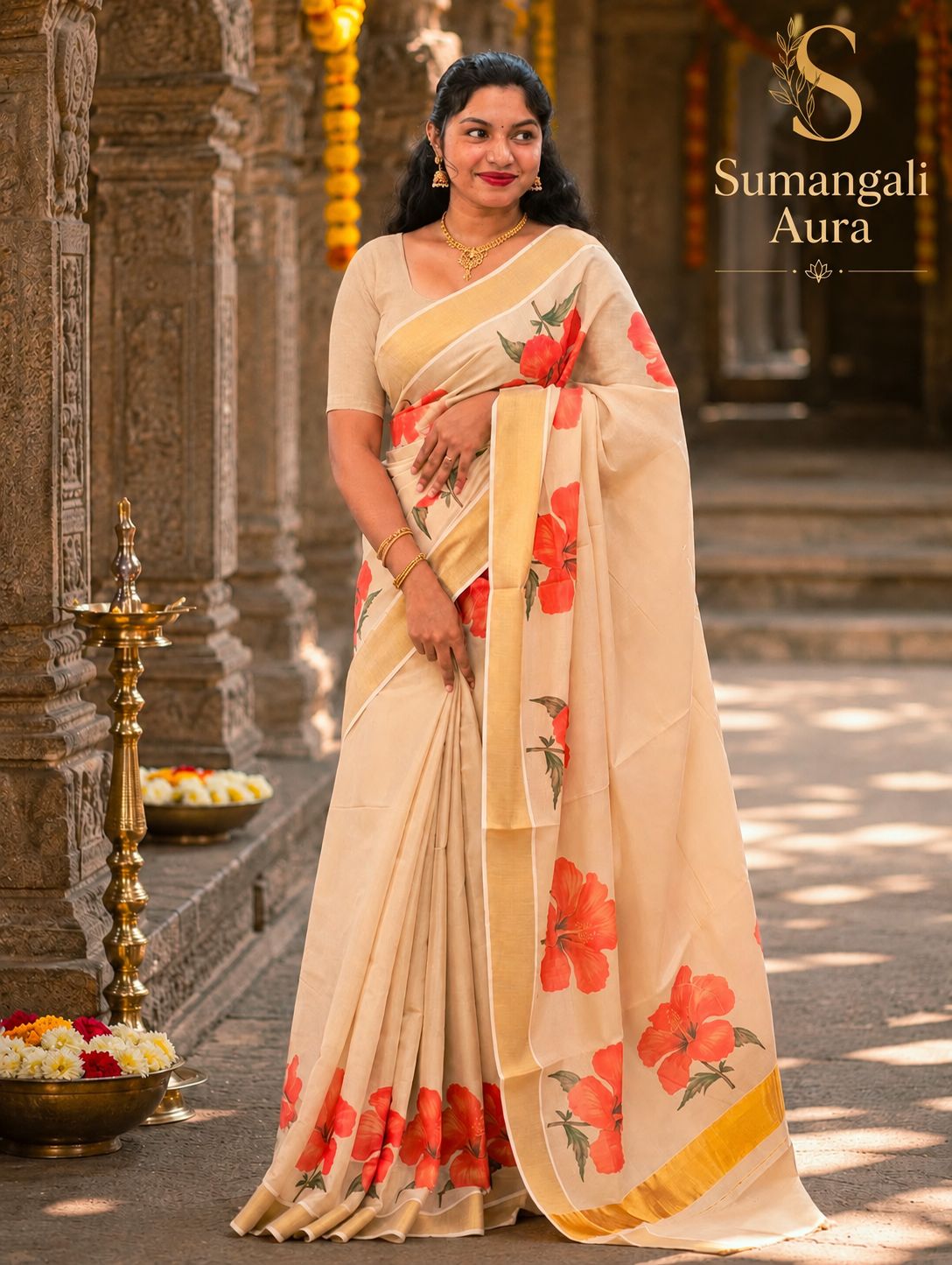 Ivory & Red Hibiscus Kasavu Saree Set