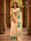 Ivory & Turquoise Floral Kasavu Saree Set