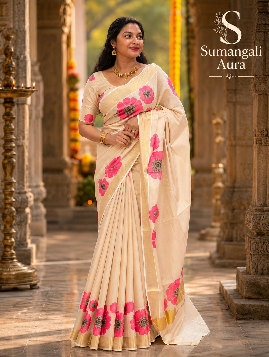 Ivory & Pink Floral Kasavu Saree Set