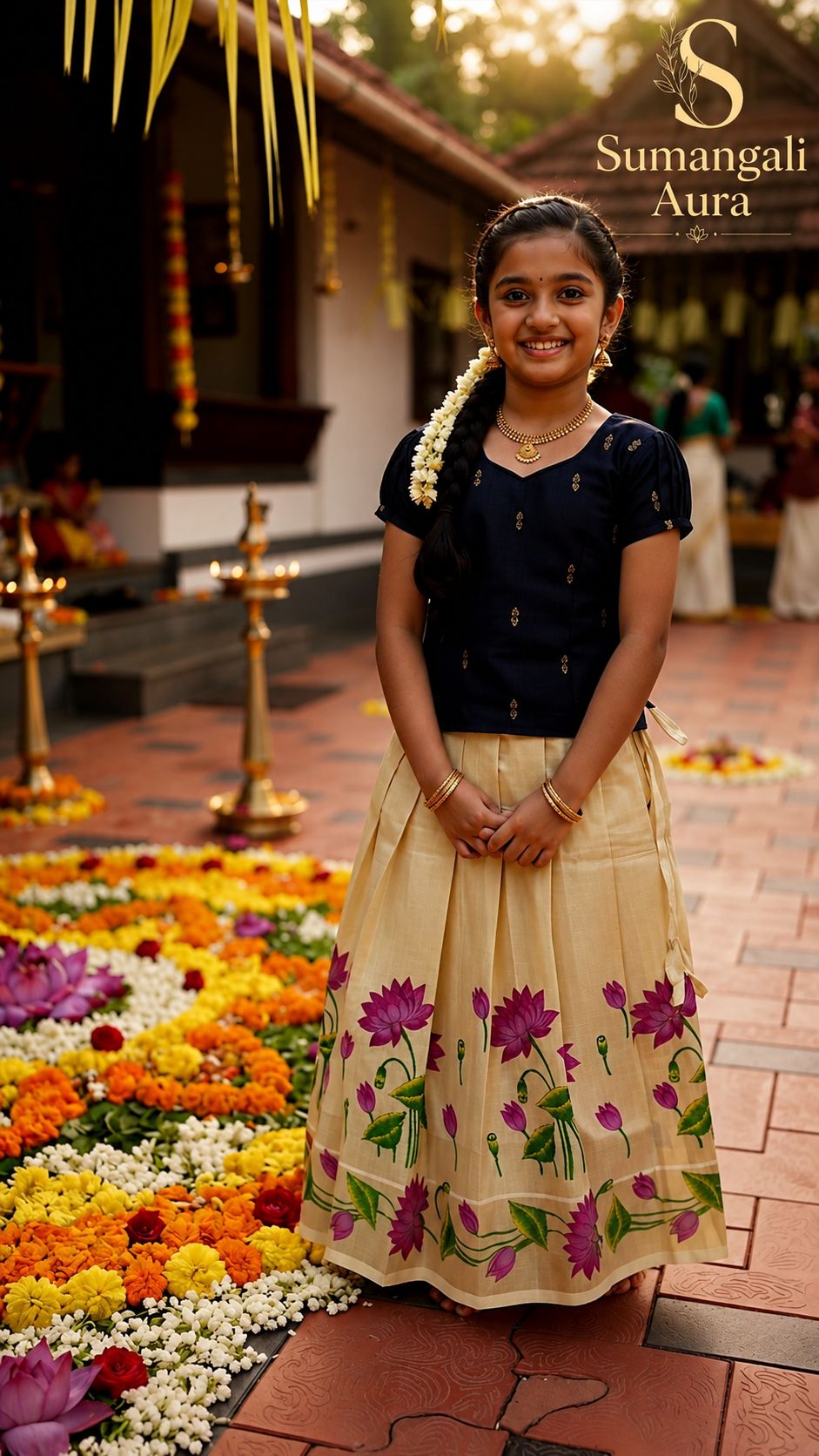 Navy & Ivory Lotus Traditional Pattu Pavadai Set