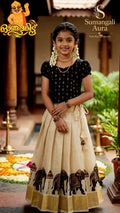 Black & Ivory Elephant Motif Traditional Pattu Pavadai Set