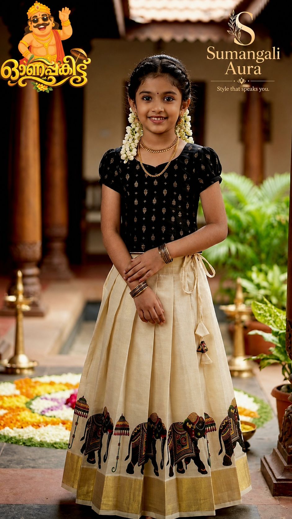 Black & Ivory Elephant Motif Traditional Pattu Pavadai Set