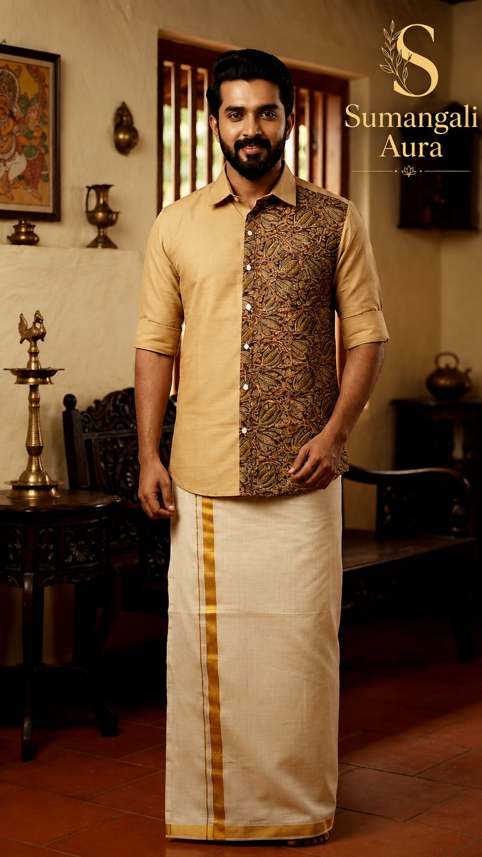 Beige Kalamkari Accent Shirt & Mundu Festive Set