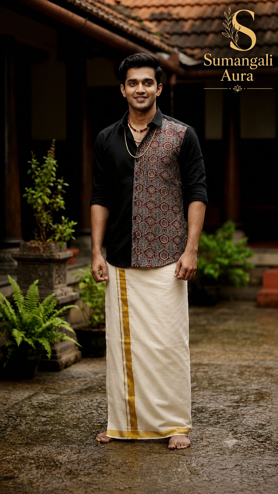 Black Ajrakh Accent Shirt & Mundu Festive Set