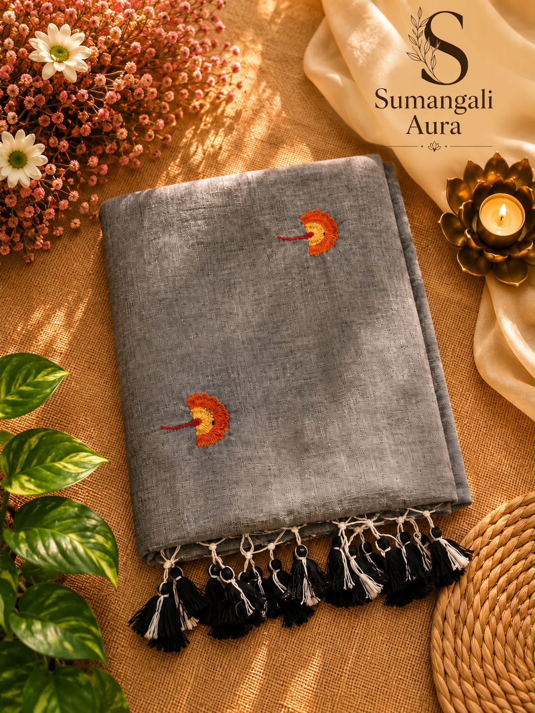 Slate Gray Embroidered Cotton-Linen Saree