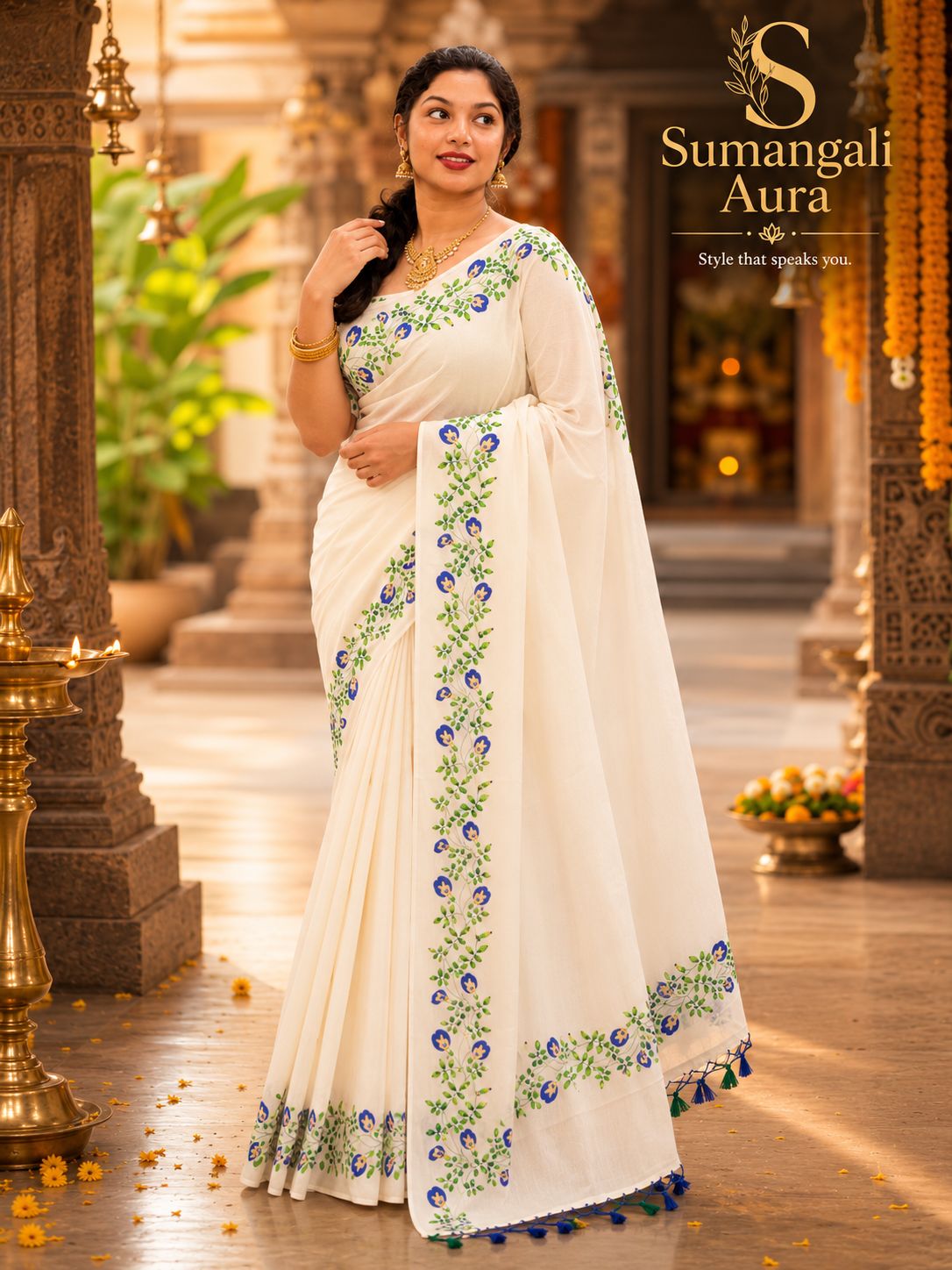 Off-White & Blue Floral Embroidered Festive Saree